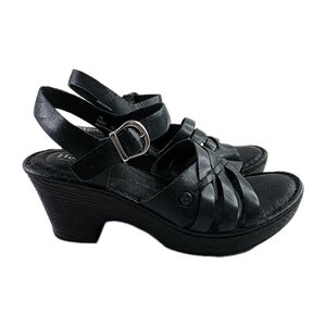 Born Handcrafted Footwear Black Leather Heels Strappy Sandals Women's Size 7 M